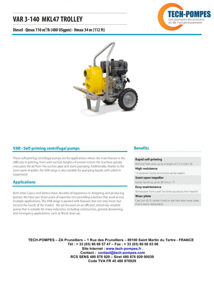 Motopompe VAR3-140 MKL47 sur roues